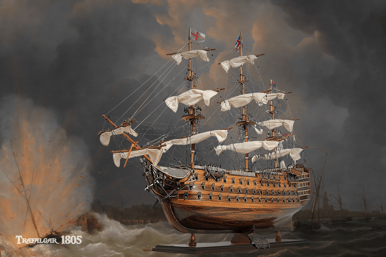 HMS Victory is a 104-gun first-rate ship of the line of the Royal Navy, ordered in 1758, laid down in 1759 and launched in 1765. She is best known for her role as Lord Nelson's flagship at the Battle of Trafalgar on 21 October 1805.